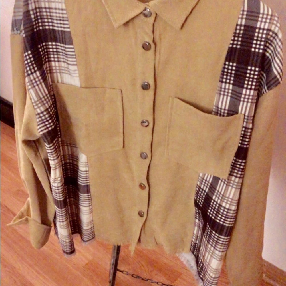 Tan Button-Front Jean Jacket with Plaid Side Panels